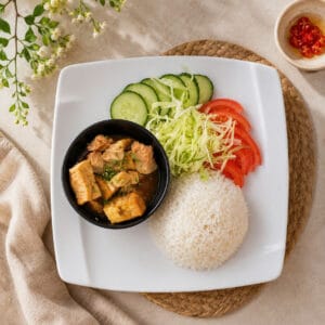 Haudutettu possunlihaa ja tofu riisillä